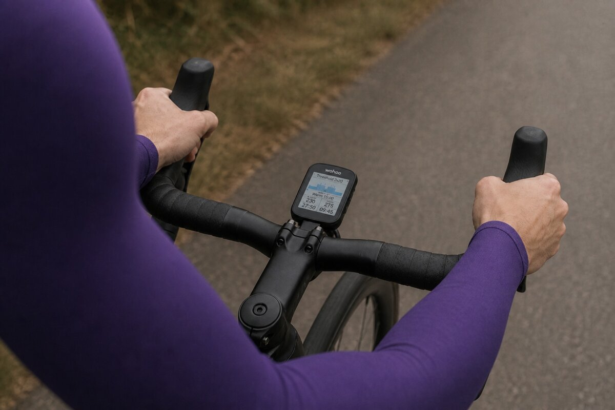 A cyclist following a structured workout on a Wahoo bike computer